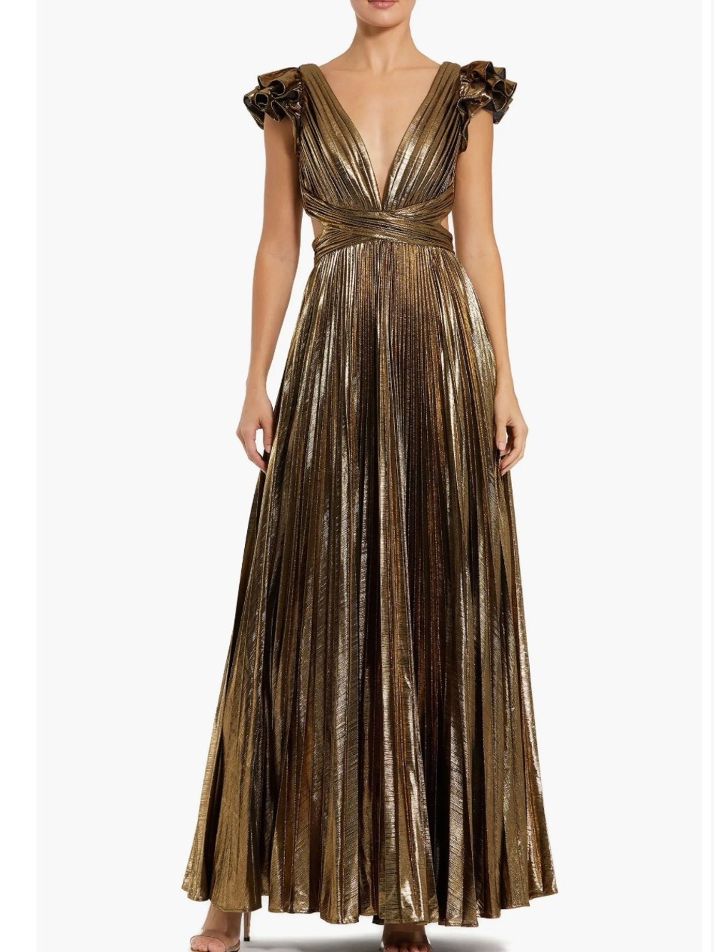 Leena Mac duggal womens 14 ruffle sleeve cutout pleated metallic evening gown